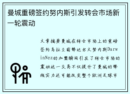 曼城重磅签约努内斯引发转会市场新一轮震动 曼城重磅签约努内斯引发转会市场新一轮震动